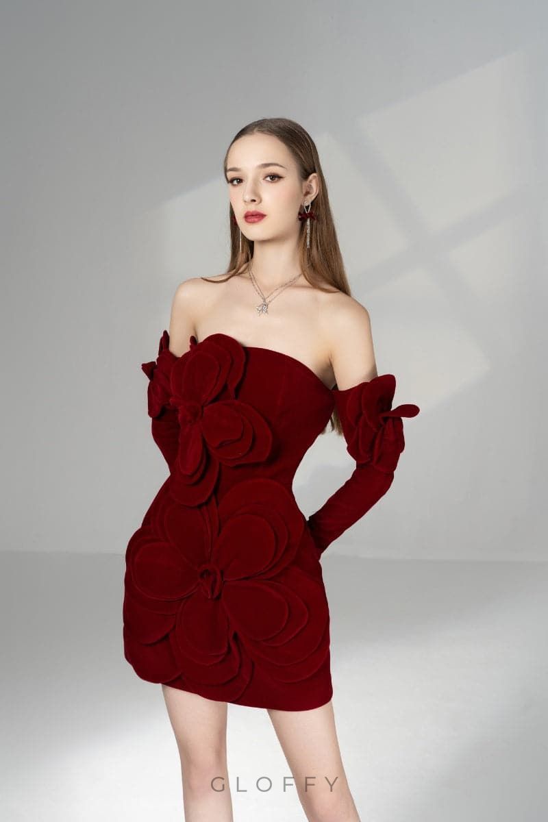 Marceline Çiçek Aplikeli Straplez Mini Elbise