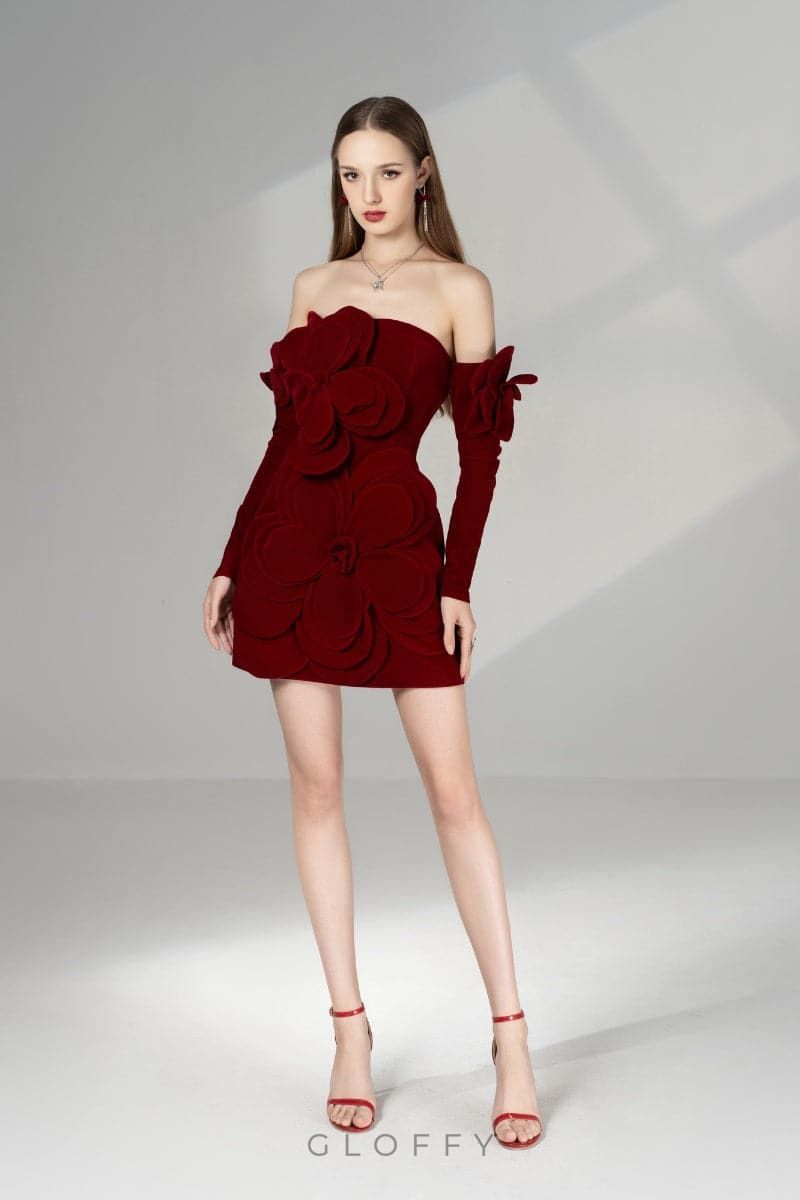 Marceline Çiçek Aplikeli Straplez Mini Elbise