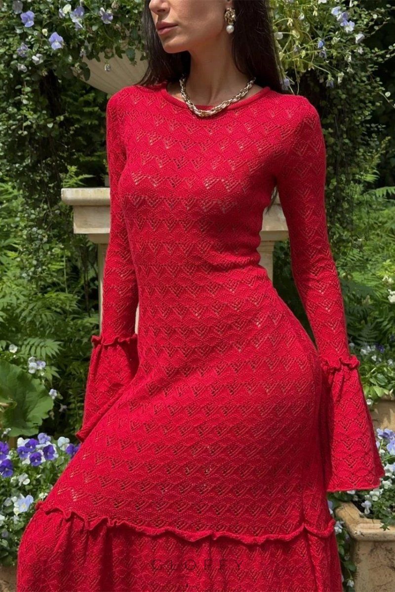 Anna Yuvarlak Yaka Kloş Manşetli Örme Uzun Elbise