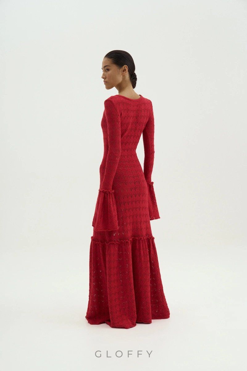 Anna Yuvarlak Yaka Kloş Manşetli Örme Uzun Elbise