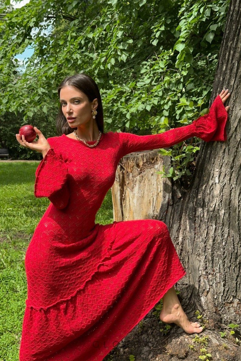 Anna Yuvarlak Yaka Kloş Manşetli Örme Uzun Elbise