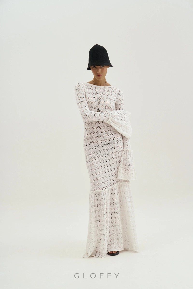 Anna Yuvarlak Yaka Kloş Manşetli Örme Uzun Elbise