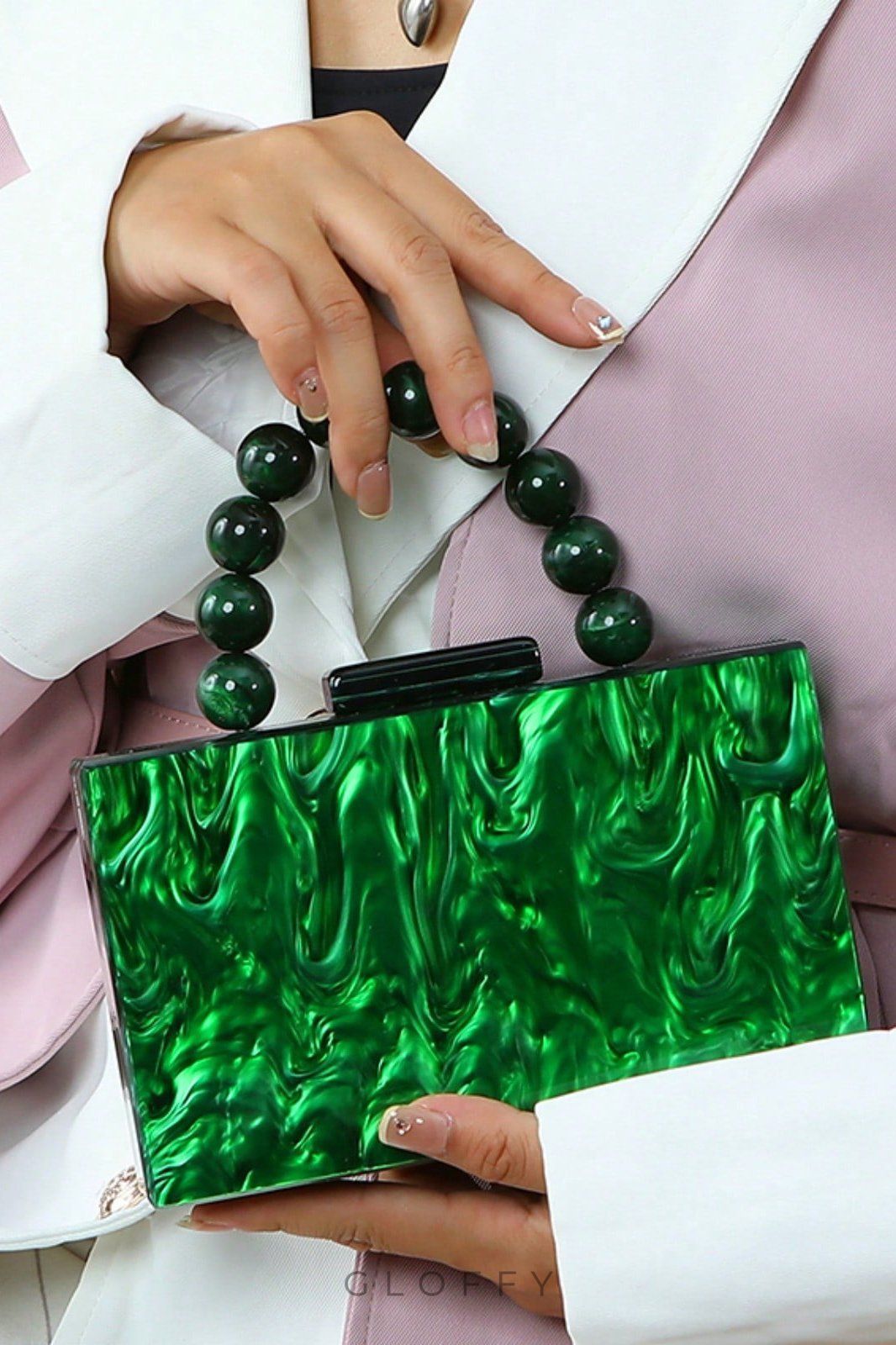 Emerald Mermer Desenli Boncuk Saplı Çanta