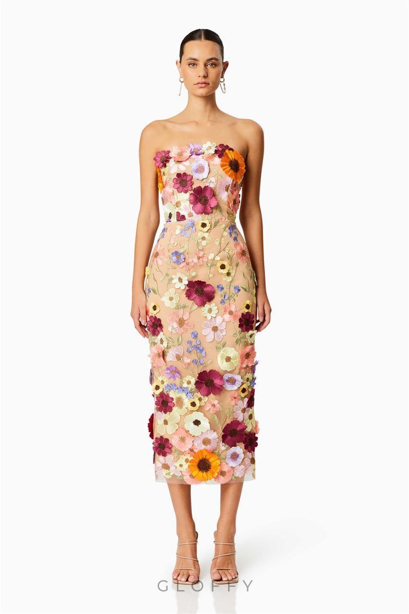 Belle İşlemeli Çiçekli Straplez Midi Elbise