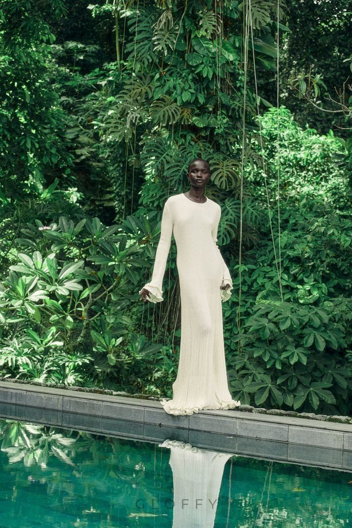 Clara Ruffle Uzun Kollu Örme Uzun Elbise