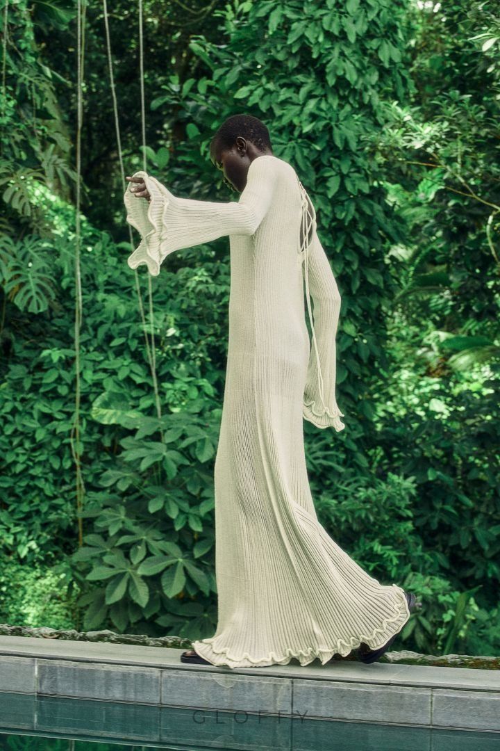 Clara Ruffle Uzun Kollu Örme Uzun Elbise