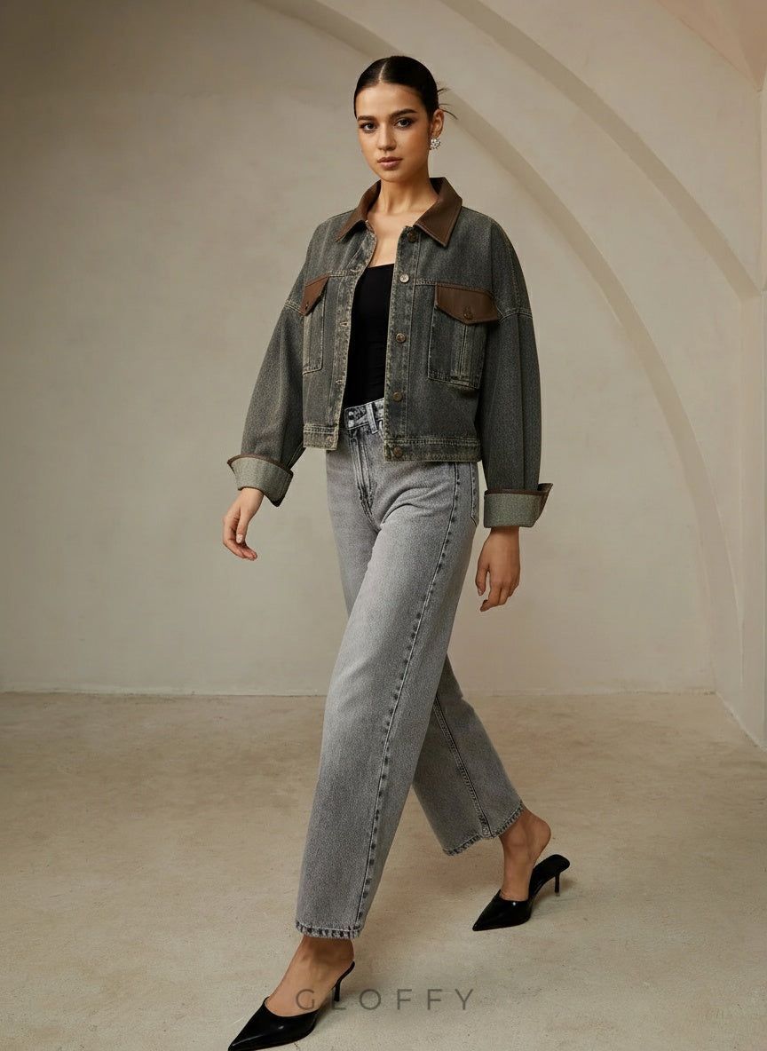 Vintage Kontrast Süslü Yaka Denim Ceket