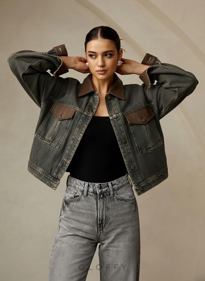 Vintage Kontrast Süslü Yaka Denim Ceket