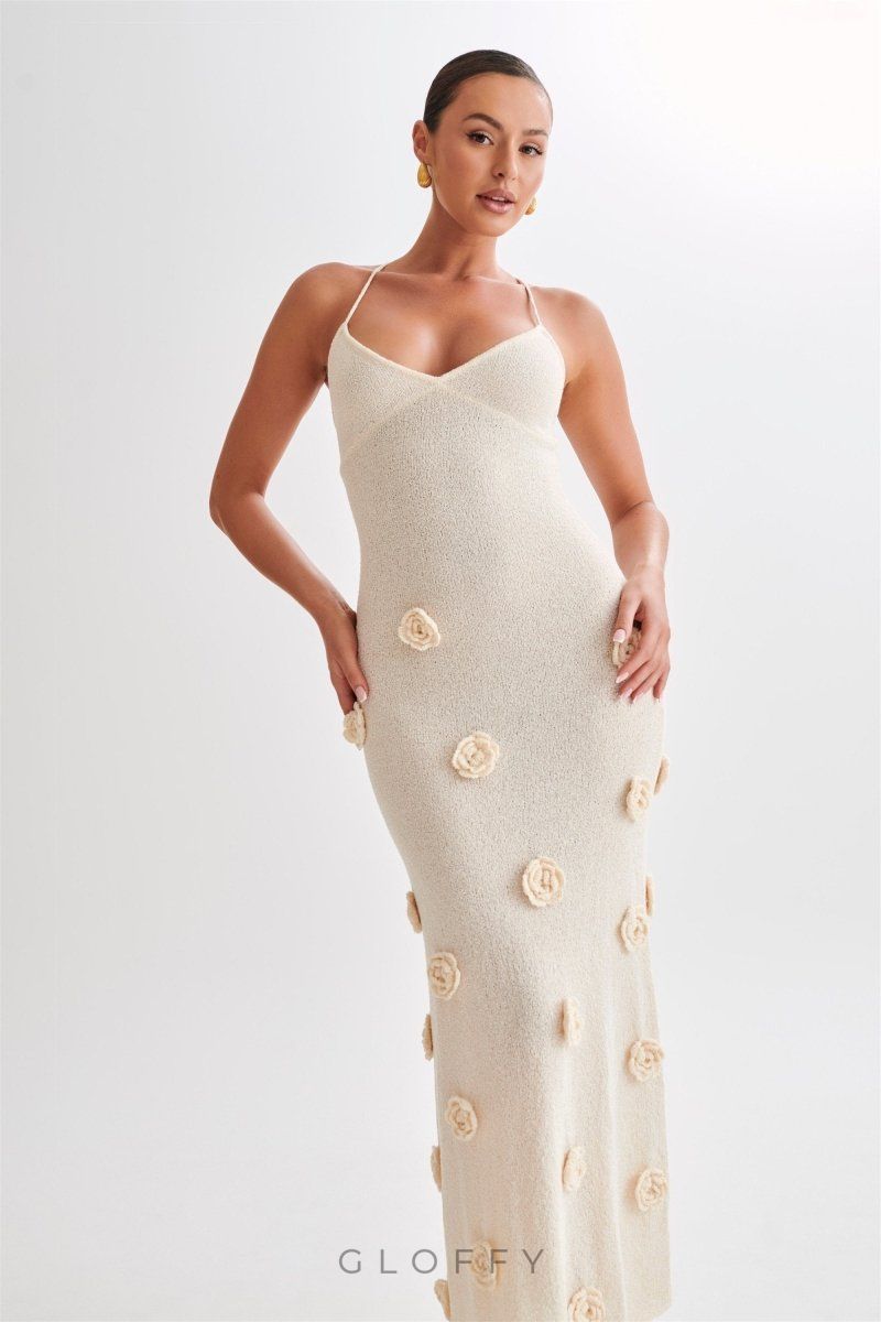 Edwina V yakalı Örme Çiçekli Uzun Elbise