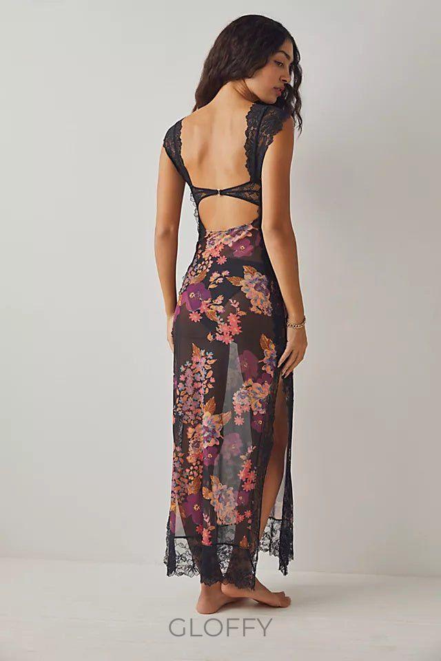 Elma Çiçek Baskılı Kesik File Maxi Slip Elbise