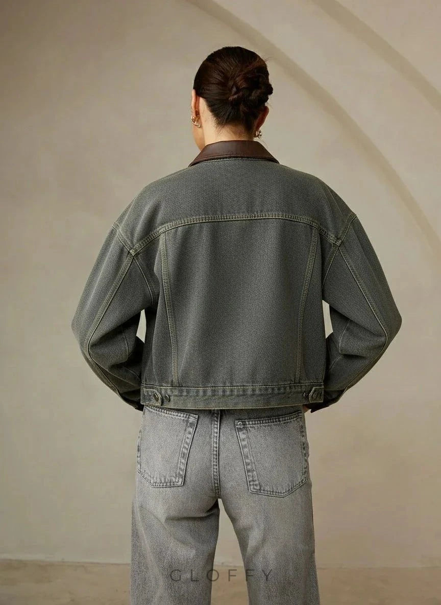 Vintage Kontrast Süslü Yaka Denim Ceket