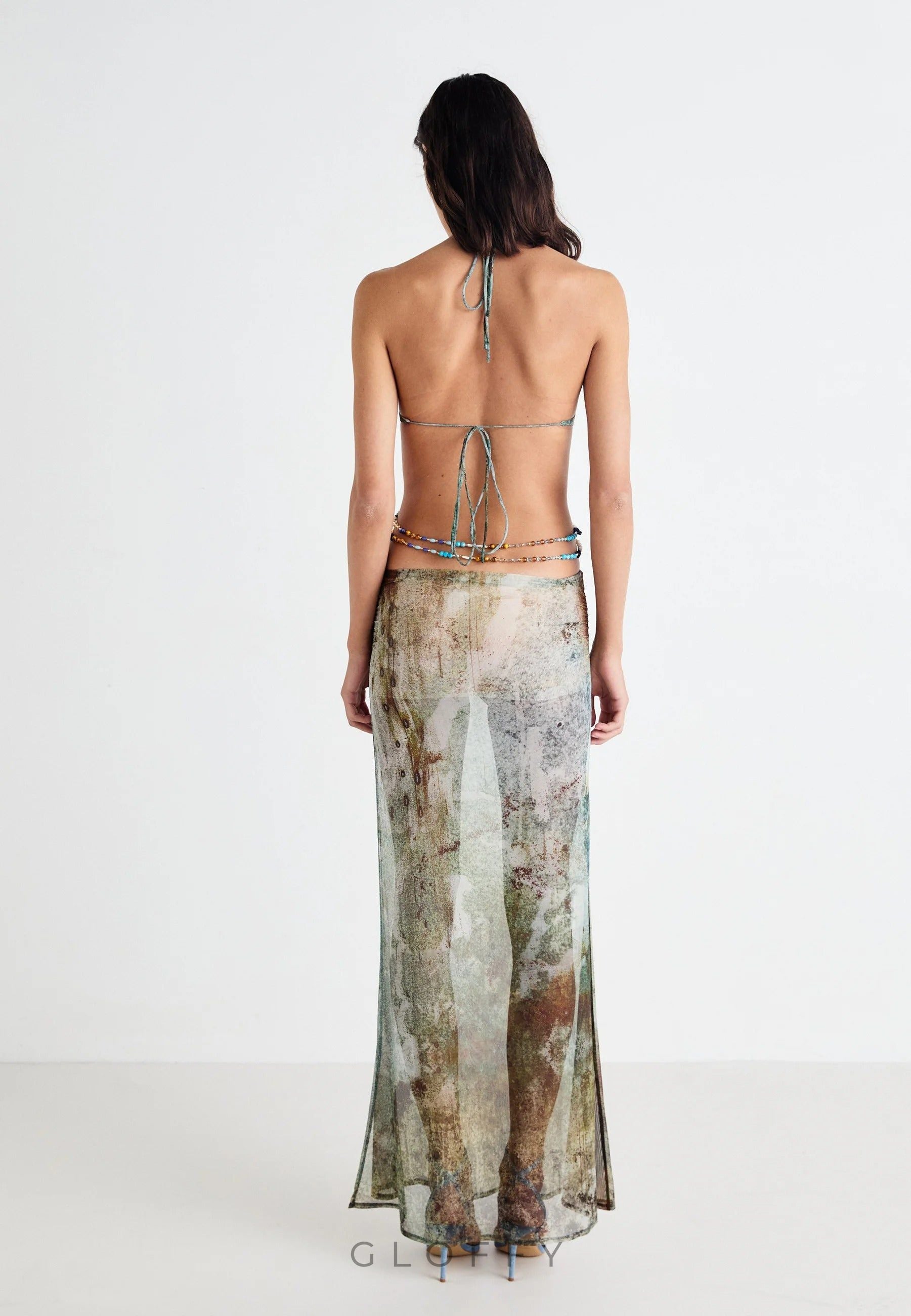 Eve Halter Yaka Kabuk Kesim Maxi File Elbise