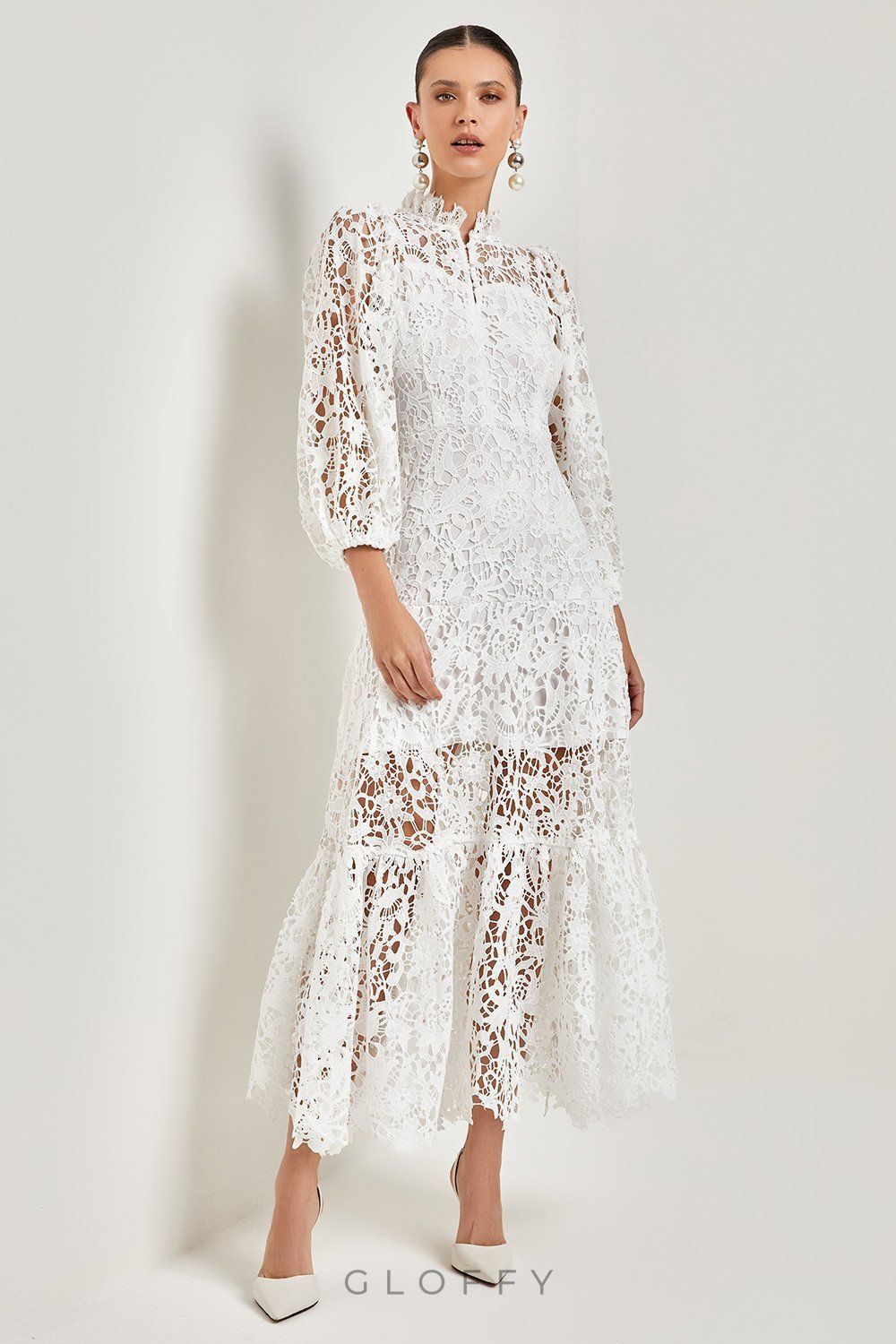 Joa İşlemeli Dantel Kenarlı Flare Uzun Elbise