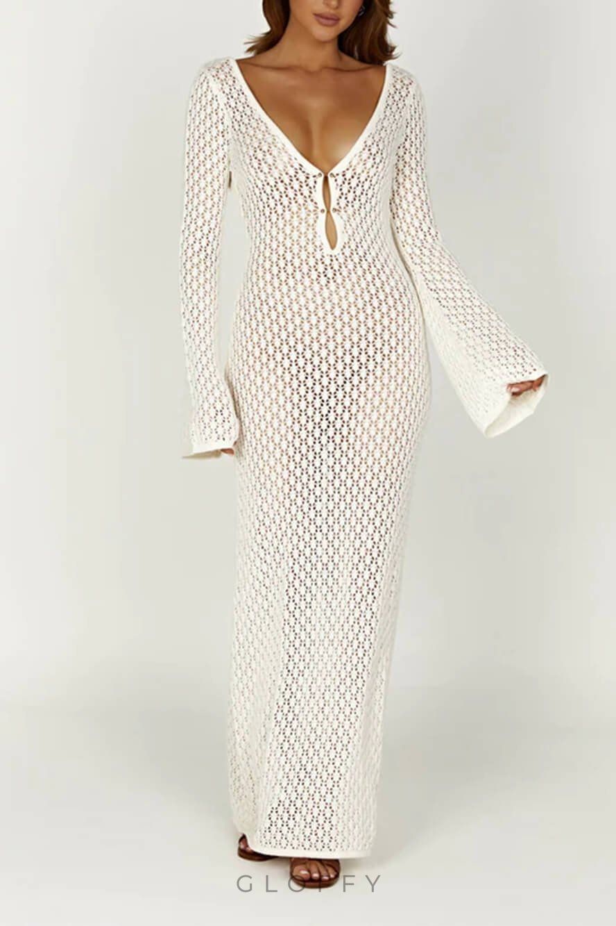 Josie V Yaka Kesikli Örgü Uzun Elbise