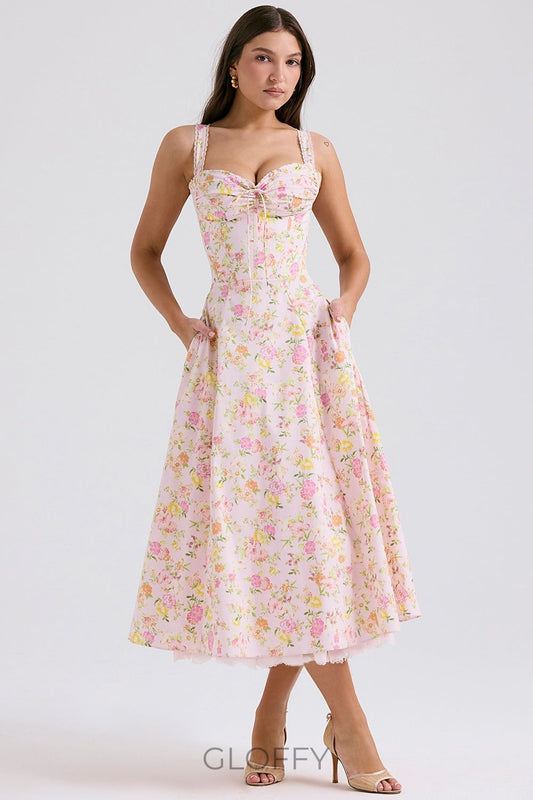 Roselyne Pembe Pastoral Dantel Askılı Elbise