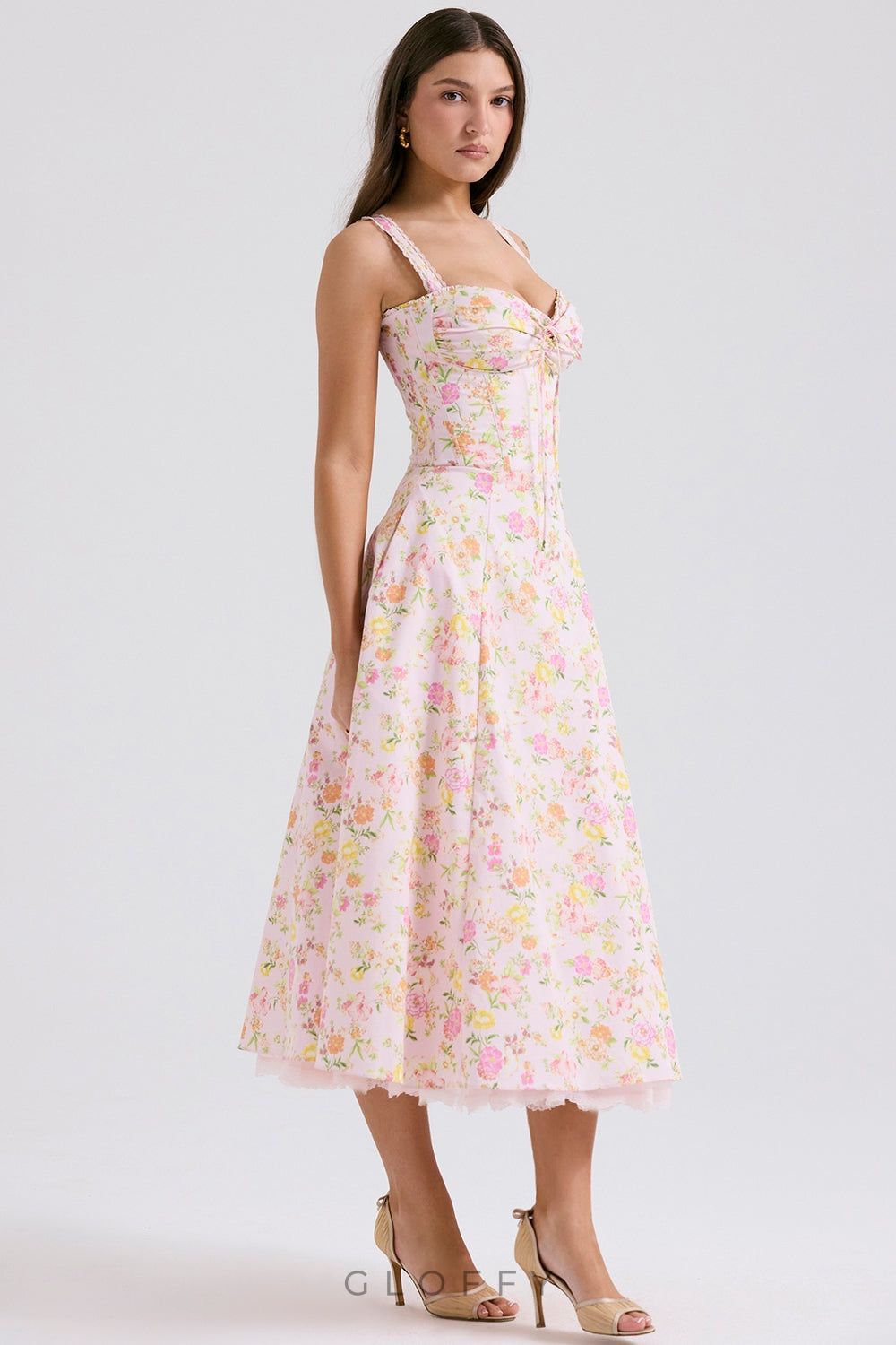 Roselyne Pembe Pastoral Dantel Askılı Elbise